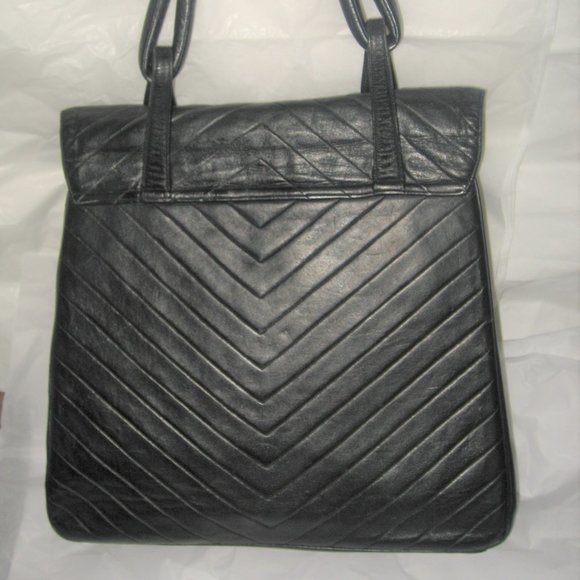 ❤️ HARRY ROSENFELD XL Black Soft Quilted V Leather Cabachon Top Handle Bag - Picture 7 of 15